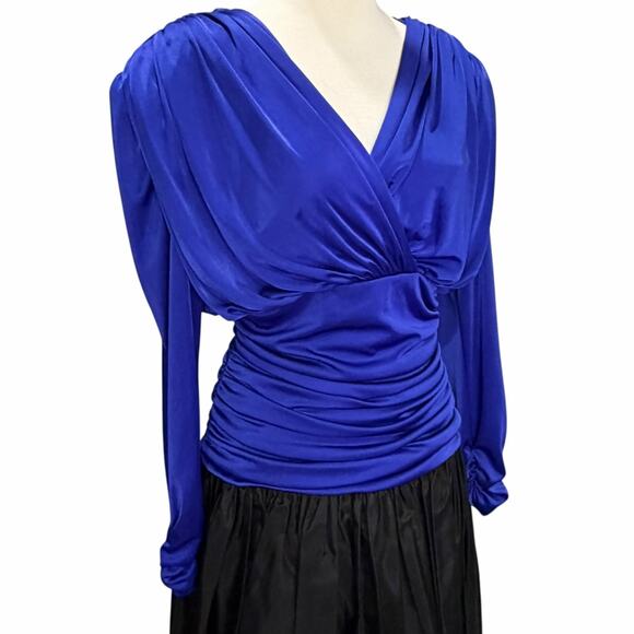 Vintage 80s Filigree Cocktail Dress Womens 10 Blue Black Ruched Drape Retro Glam - Picture 3 of 14